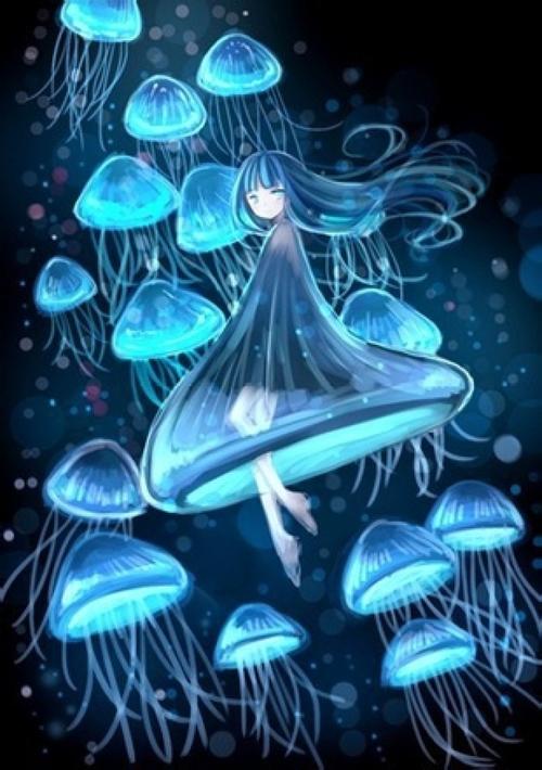 蓝色系,动漫图片,插画,水母,小萝莉