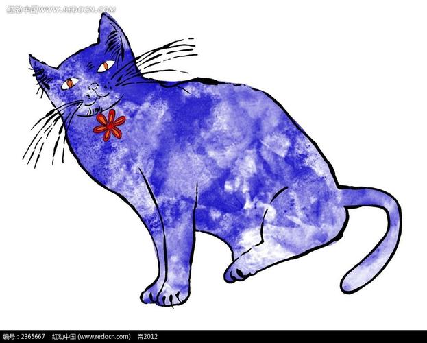 带着花朵徽章的蓝色猫咪插画