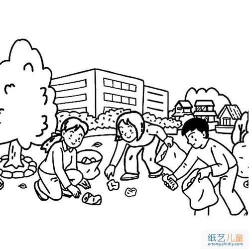 学生们外出捡拉圾美化环境的人物简笔画步骤图片大全