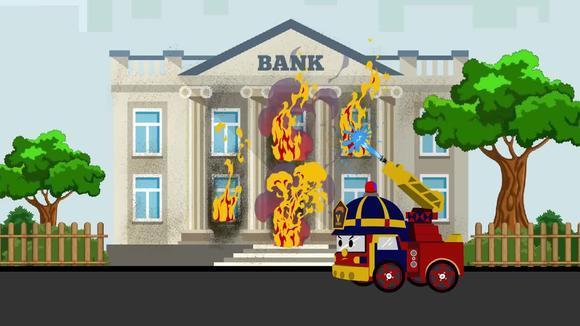 儿童卡通消防车给着火了的大楼灭火