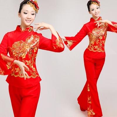 大红色秧歌服女装 婚庆锣鼓队演出服 广场舞表演服扇子舞服装包邮