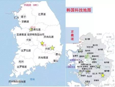 图:韩国的高科技产业地图,围绕首尔的京畿道二级城市是半导体与光电