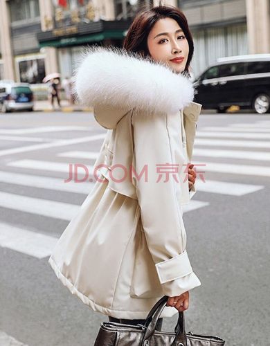 冬装韩版短款服女宽松加厚收腰显瘦大毛领派克服 米白色 xs