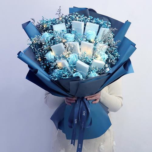 生日礼物蓝色满天星干花香烟花束礼盒情人节送男朋友闺蜜真花放烟