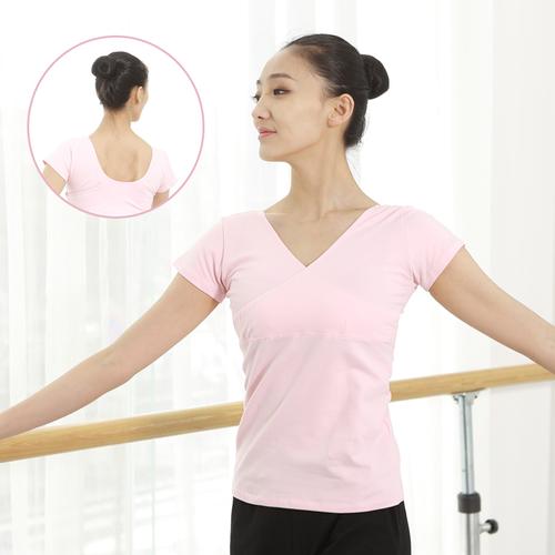 舞蹈服女v领薄棉交叉领民族舞黑色舞蹈练功服上衣短袖形体服包邮