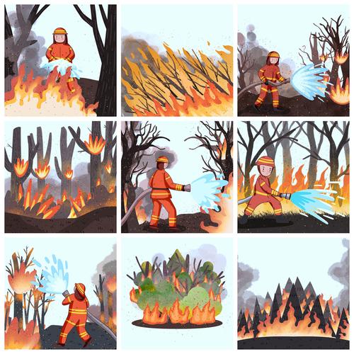 29款森林火灾逆行英雄消防员救火卡通插画psd模板