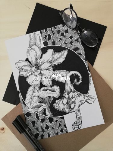 花74蘑菇|手绘黑白装饰画|插画|原创_蘑菇_装饰画_插画_手绘_绘画