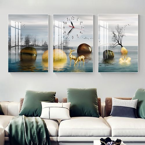 客厅装饰画三联无框画沙发背景墙壁画卧室挂画静音钟表水晶挂钟好不好