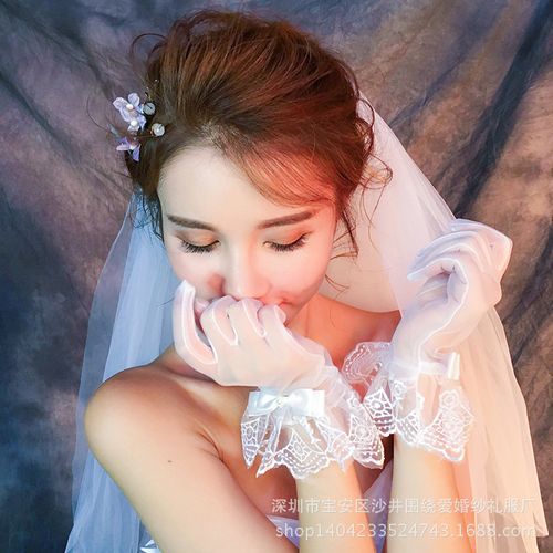 新款新娘结婚蕾丝手套 演出有指手套影楼婚纱礼服手套月牙手套t06