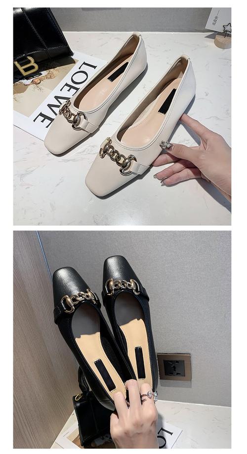 单鞋女2020新款韩版百搭金属链子方头网红浅口平底鞋女仙女风瓢鞋