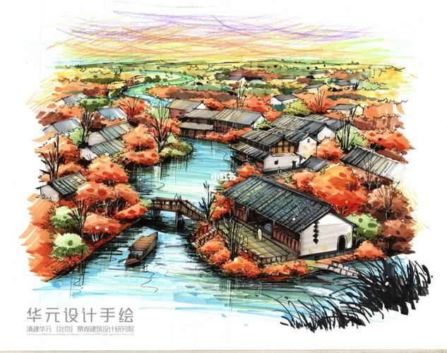 西溪湿地鸟瞰图手绘_西溪湿地_手绘_考研_风景_园林_西溪国家湿地公园