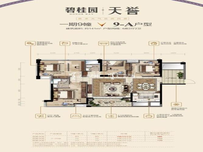 碧桂园天誉1期9#a户型图四房两厅两卫建筑面积141㎡