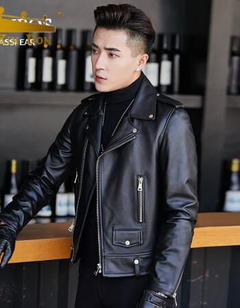 hla海澜之家联名男装海宁皮夹克机车皮衣男短款绵羊皮修身韩版帅气