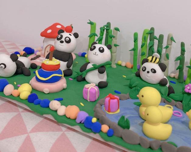 国宝熊猫竹林竹子生日派对超轻粘土黏土橡皮泥彩泥手工手作场景摆件