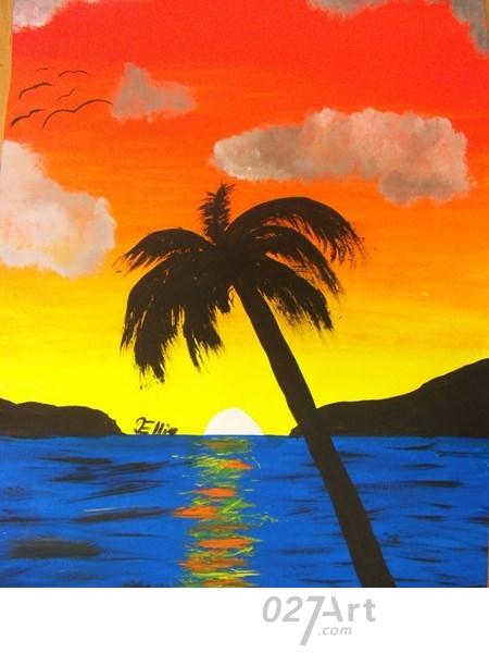 美丽的黄昏水粉大海风景画图片大全儿童水彩画