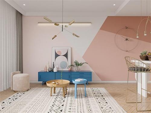 客厅背景墙面粉刷成几何色块,造型独特有趣.