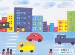 城市街景儿童画水彩画图片