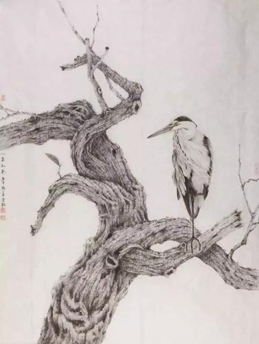 中国画 _ _ _ ↑汪家芳《测温区》中国画 _ _ ↑陈睿韬《枯木逢春》