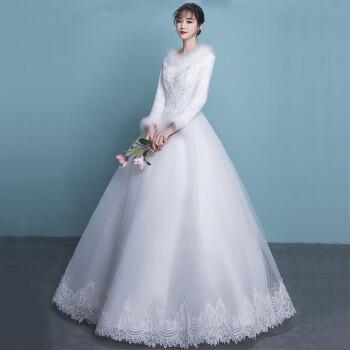 月缦 冬季冬款婚纱女  新款新娘结婚毛领长袖齐地简约婚纱 白色 m