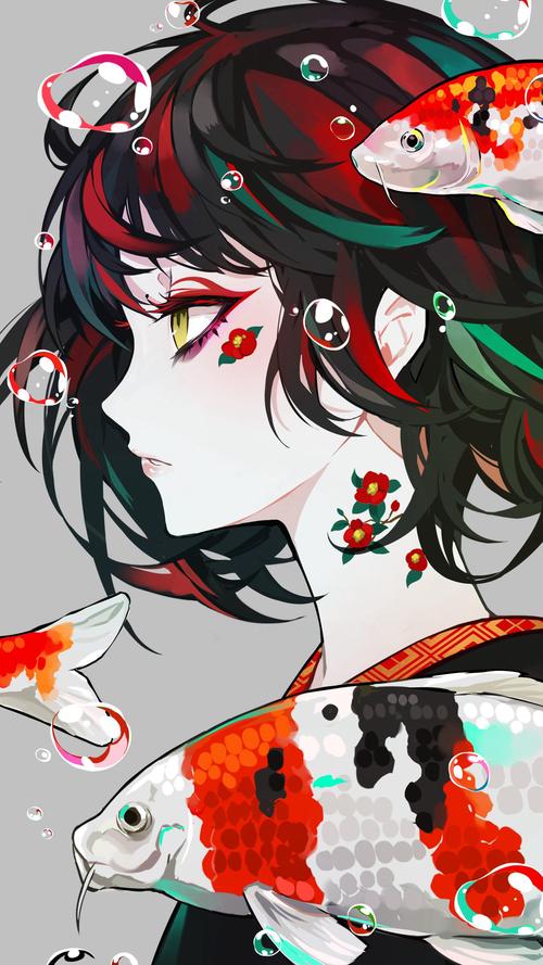 鲤鱼,泡泡,侧脸和服少女,高清2k手机壁纸图片-动漫