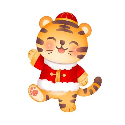 红色手绘卡通国潮老虎新年老虎拜年春节虎年元素png素材