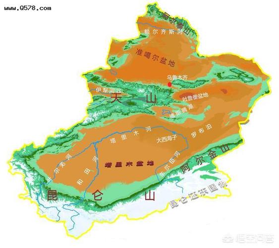 塔里木盆地地形也是比较特殊,被高耸的昆仑山和天山山脉包围,制图