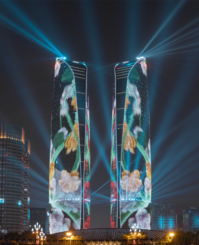 原创成都地标性双子塔灯光秀218米摩天大楼变巨幕