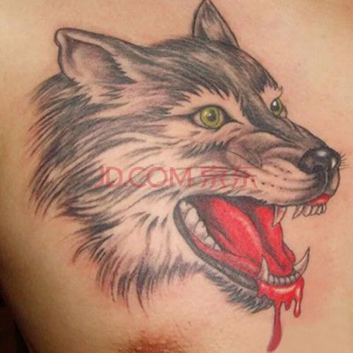 胸前狼头纹身贴 彩色大图 滴血狼头 男女花臂防水纹身