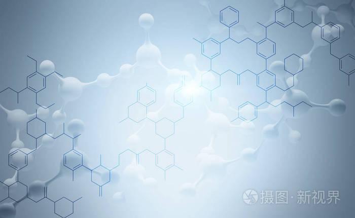 白色分子模型在蓝色原子网格和灰色背景.化学,物理和药学的概念.