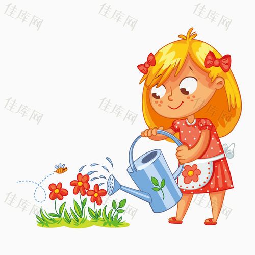 卡通手绘女孩浇花
