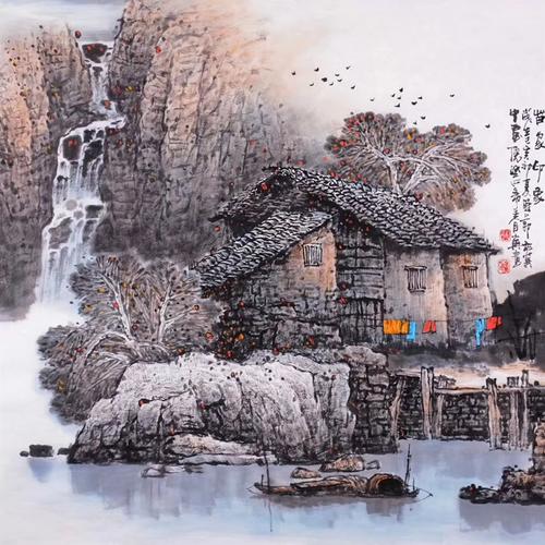家居装饰 客厅画推荐之三 山水人家张月岗四尺斗方山水作品《苗家印象