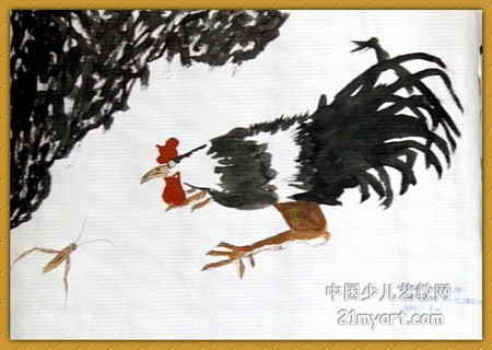 儿童画《雄鸡戏蟀》_绘画吧-画画