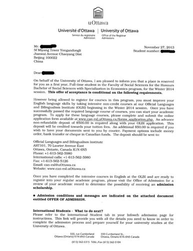 通过学校和专业筛选,制定方案,最后学生顺利获得渥太华大学的economic