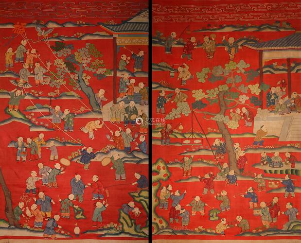 清代缂丝百子图一对