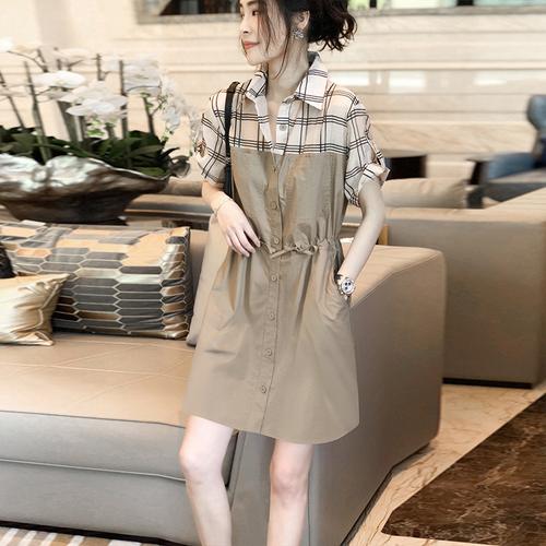卡其色拼接格子衬衫连衣裙女休闲工装直筒裙2021年夏季新款欧洲站