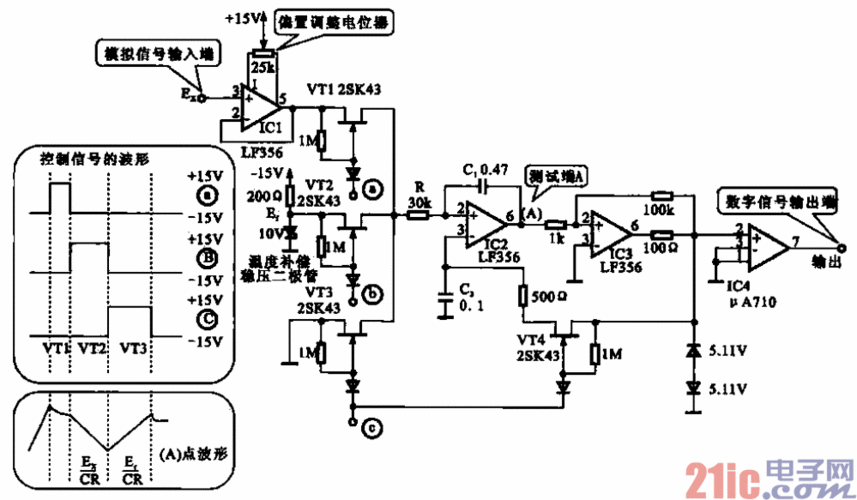 图21-24所示是a/d转换器的电路结构,这是一种采用集成电路lf356构成的