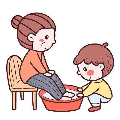 节日感恩节手绘幸福家人奶奶洗脚可爱简约png素材