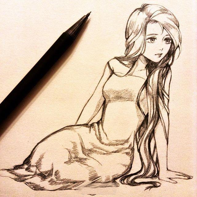 铅笔绘画长发女孩插画作品