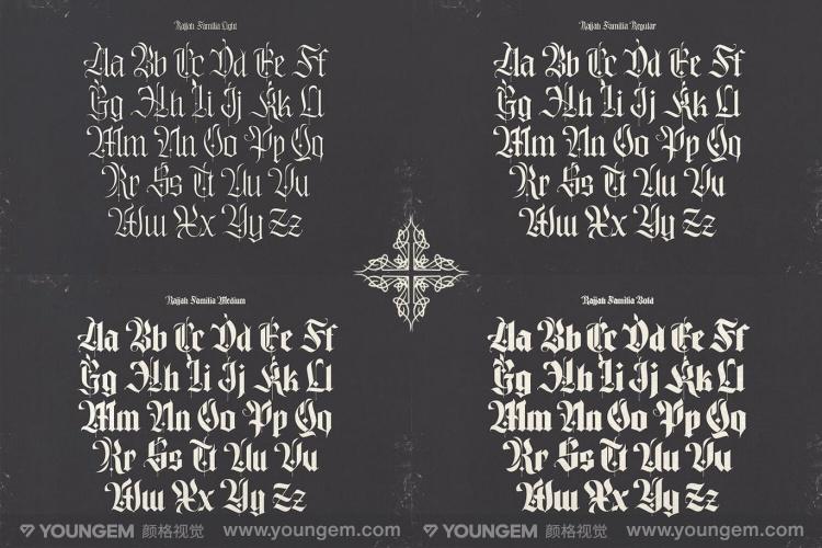 中世纪复古金属哥特刺青刻字包装印刷英文字体家族 >