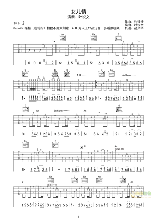 >>叶锐文改编《女儿情》指弹独奏谱摇指技巧版