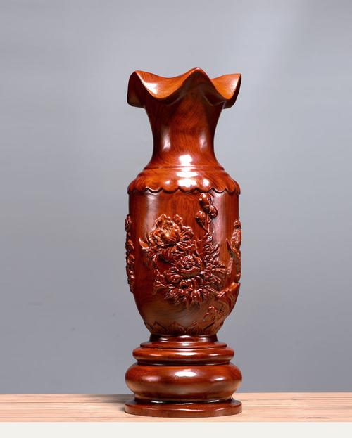 花梨木雕装饰落地花瓶摆件客厅插花家居复古花开富贵红木工艺礼品