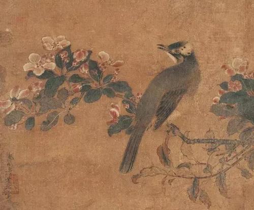 边鸾《梅花山茶雪雀图》,轴·绢本·设色,60.5×34.8cm,唐代