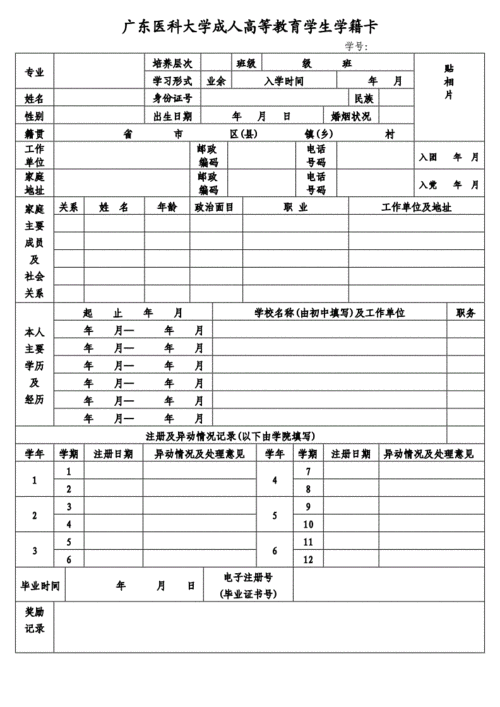 广东医科大学成人高等教育学生学籍卡.doc 1页