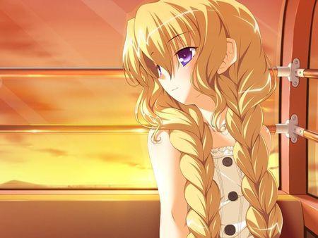 求一张动漫女生图片:大概十多岁12以上16以下,金黄色波浪卷,紫色眸子