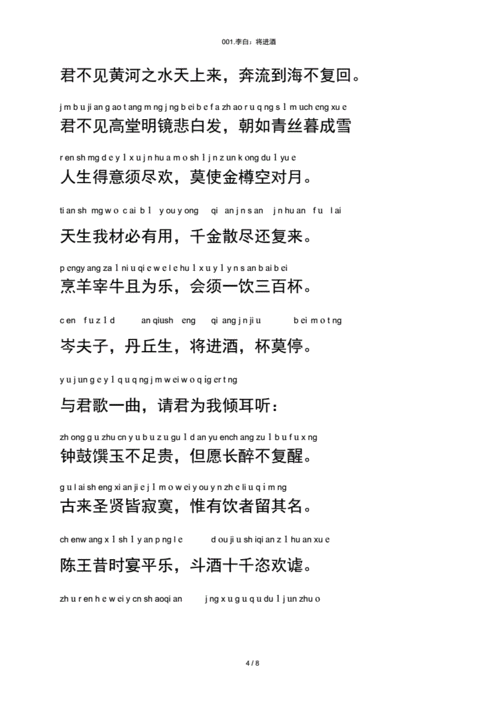 完整版乐府诗将进酒拼音及翻译整理.docx 10页