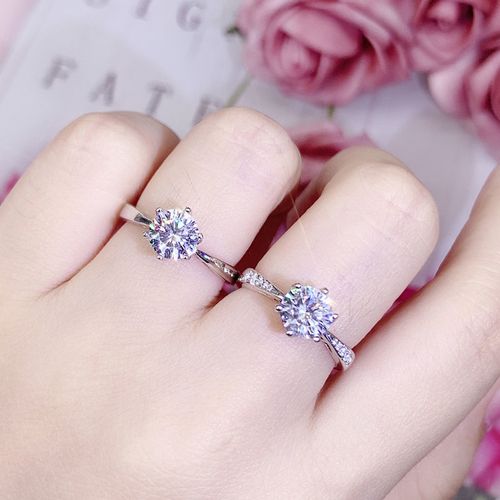 925纯银钻戒女18k白金一克拉钻石戒指简约结婚求婚表白学生银指环