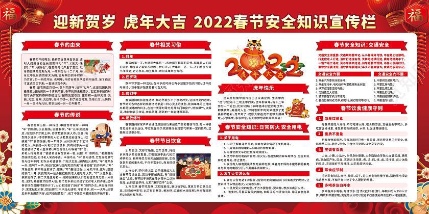 红色卡通迎新贺岁虎年大吉2022春节安全知识宣传栏春节宣传栏cdr