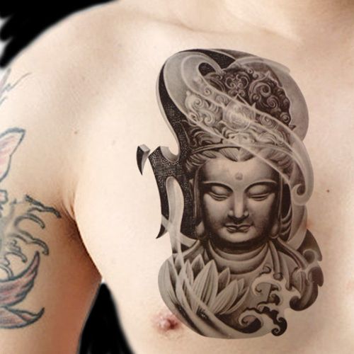潮流炫酷防水纹身贴半臂佛祖观音菩萨莲花黑白身体
