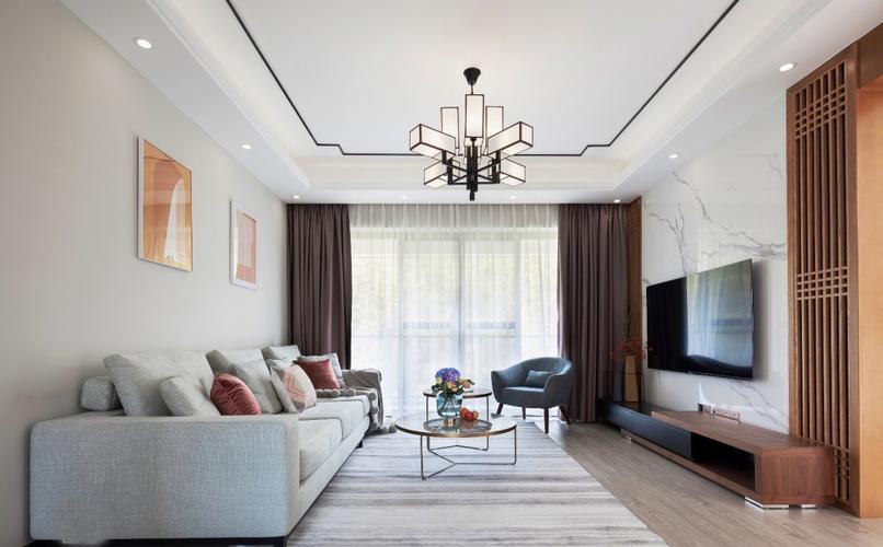 中式客厅吊顶走一圈木质线条装修效果图