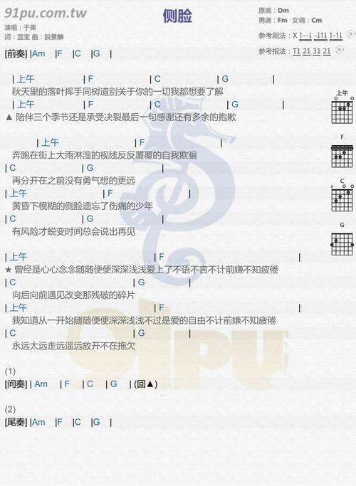 《侧脸》吉他谱 于果 演绎着在成长的道路上与过去挥手道别,未来不断